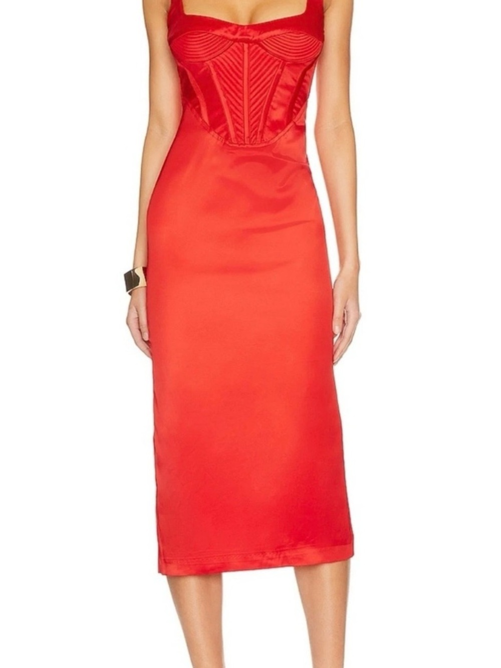 Bardot Red Satin Corset Midi Dress